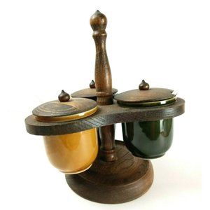 Vintage Condiment Caddy 3 Ceramic Containers Wooden Holder Plastic Spoons Japan